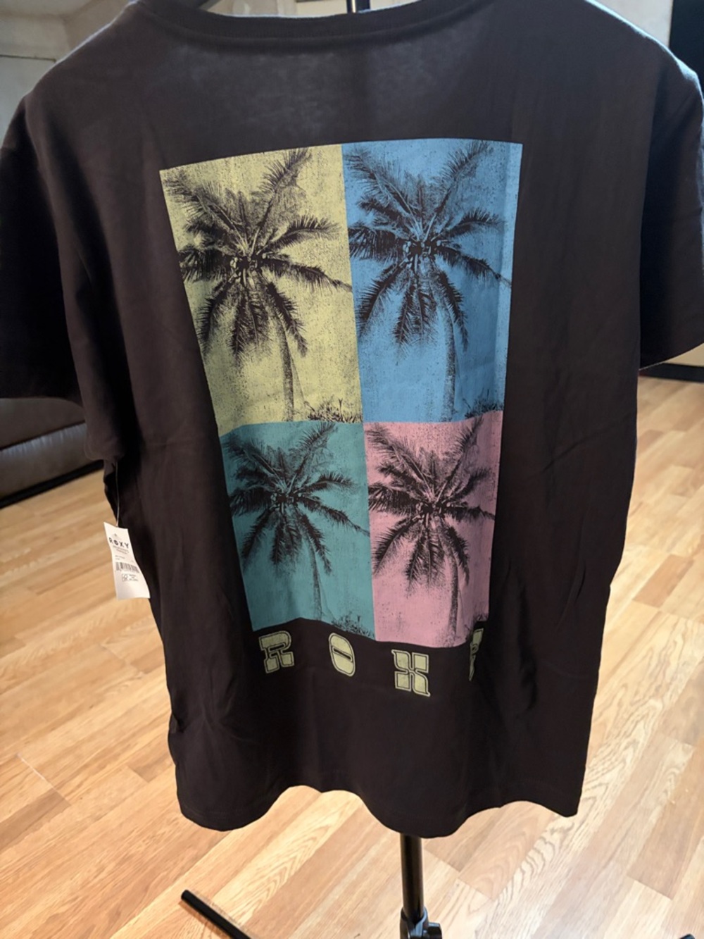 Roxy NWT Polaroid BFC Graphic T-Shirt Anthracite Grey Palm Tree Size Large - Picture 2 of 4